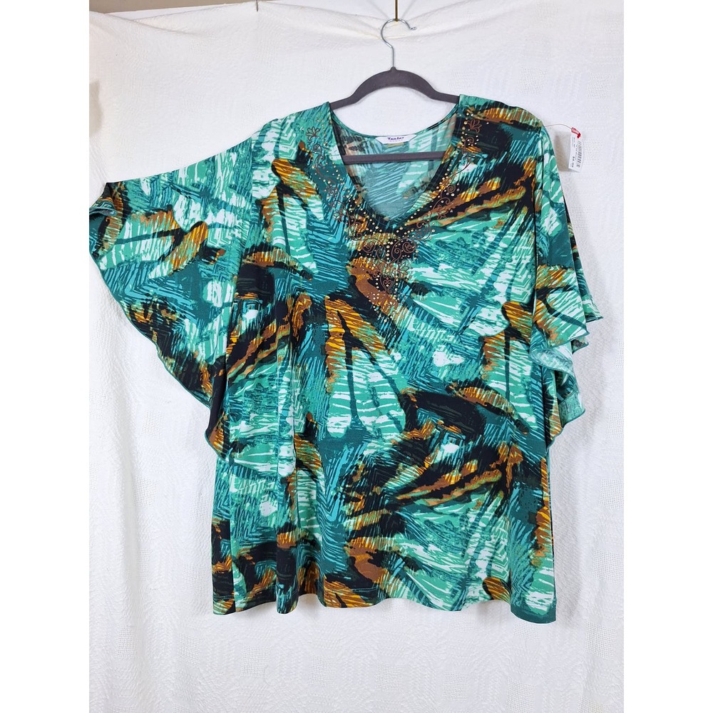 Women's blouse green with white, brown design size 2X